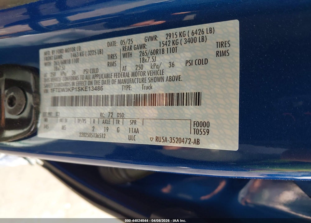 2025 FORD F-150 XLT VIN: 1FTEW3KP1SKE13486