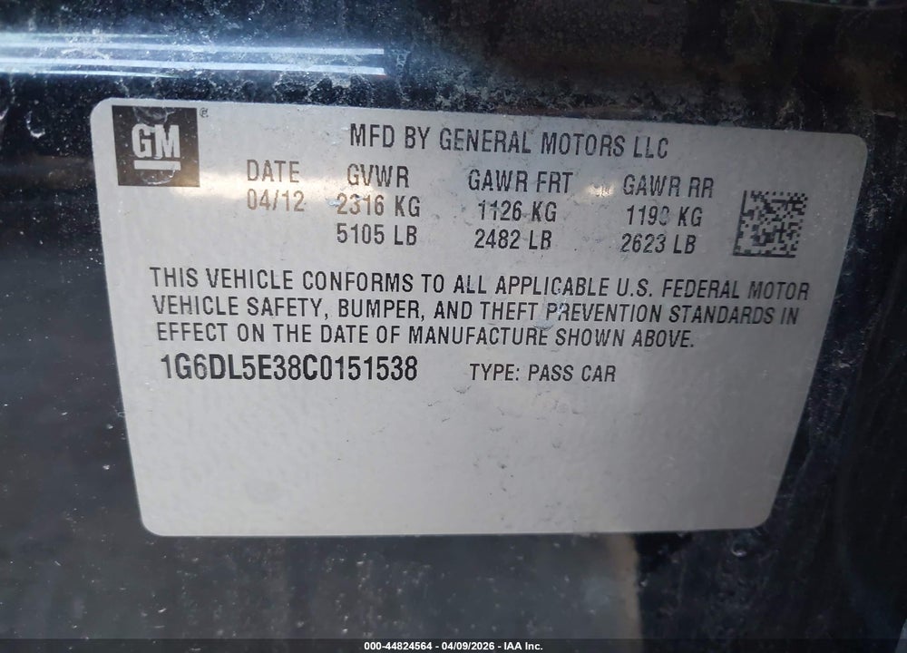 2012 CADILLAC CTS PERFORMANCE VIN: 1G6DL5E38C0151538