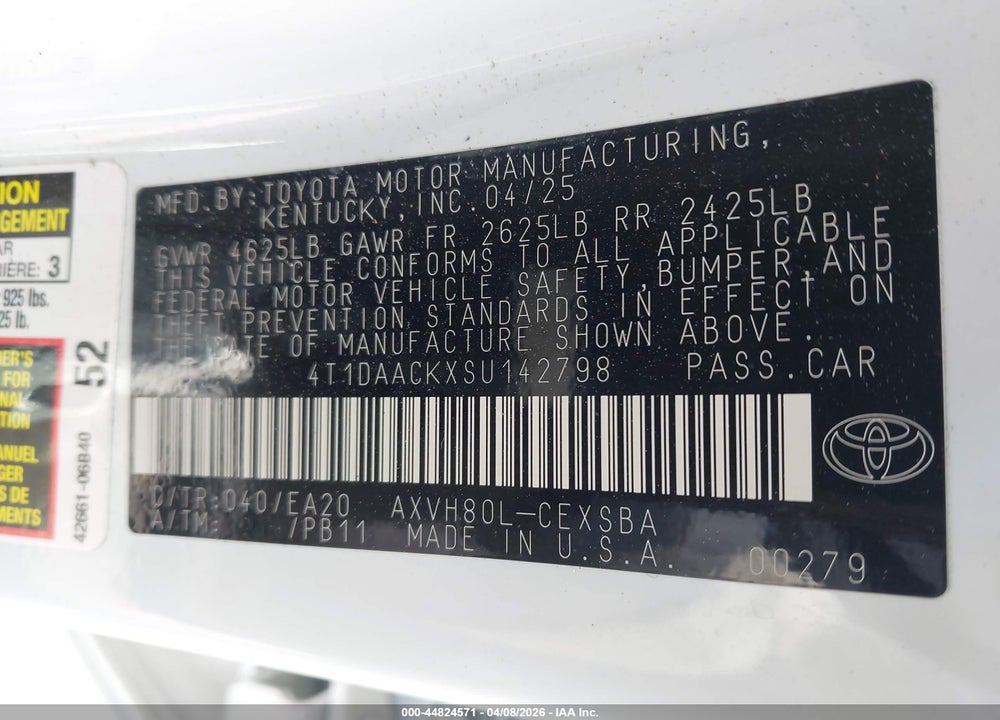 2025 TOYOTA CAMRY SE VIN: 4T1DAACKXSU142798