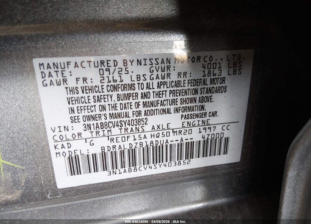 2025 NISSAN SENTRA SV VIN: 3N1AB8CV4SY403852