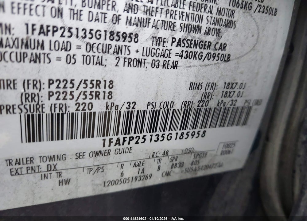 2005 FORD FIVE HUNDRED LIMITED VIN: 1FAFP25135G185958