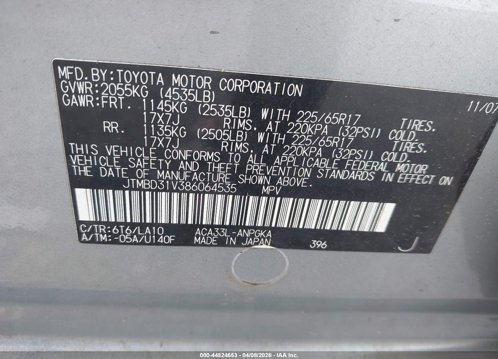 2008 TOYOTA RAV4 LIMITED VIN: JTMBD31V386064535