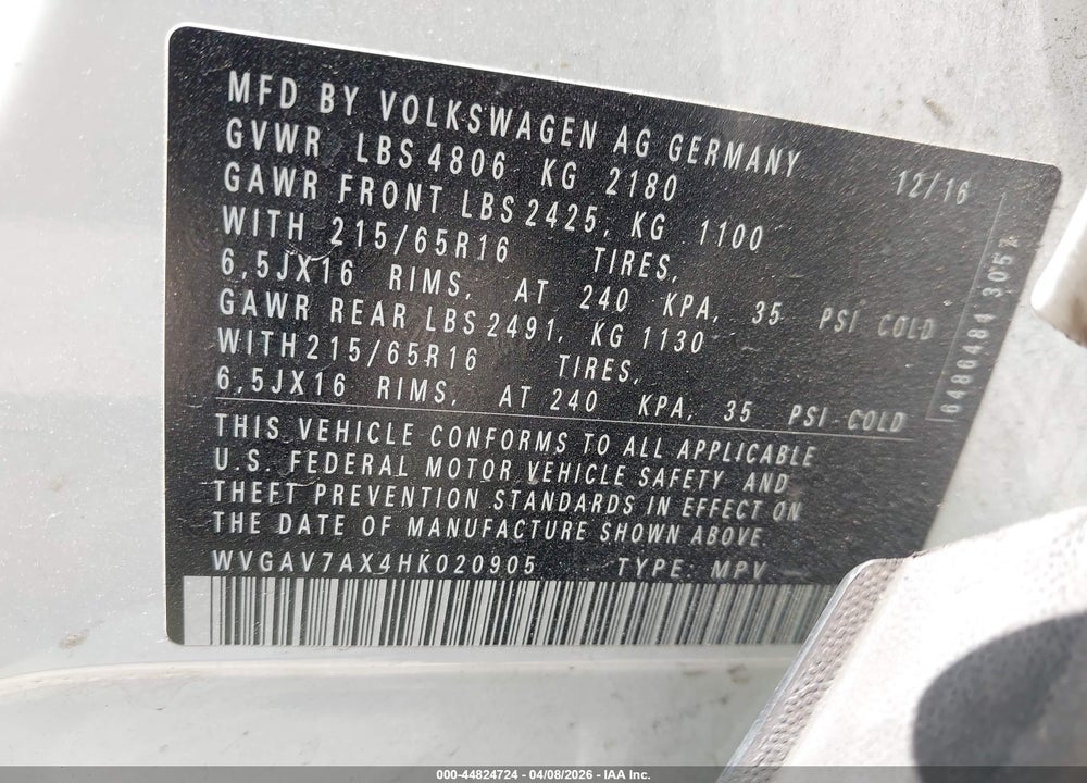 2017 VOLKSWAGEN TIGUAN 2.0T/2.0T S VIN: WVGAV7AX4HK020905