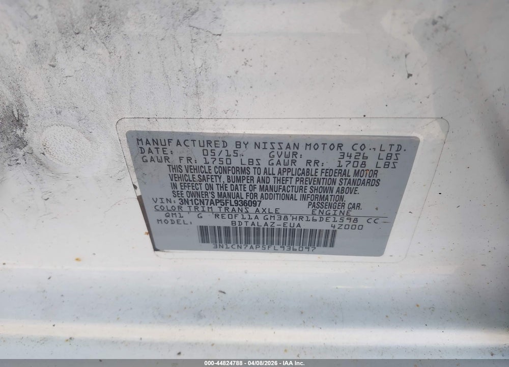 2015 NISSAN VERSA 1.6 S+ VIN: 3N1CN7AP5FL936097