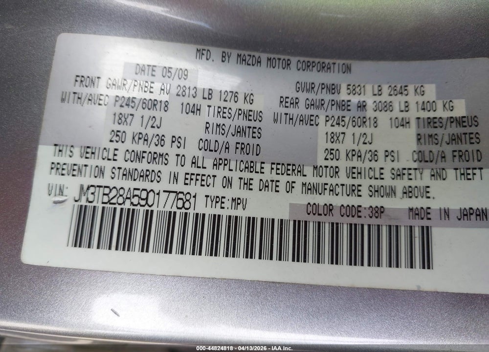 2009 MAZDA CX-9 TOURING VIN: JM3TB28A590177681