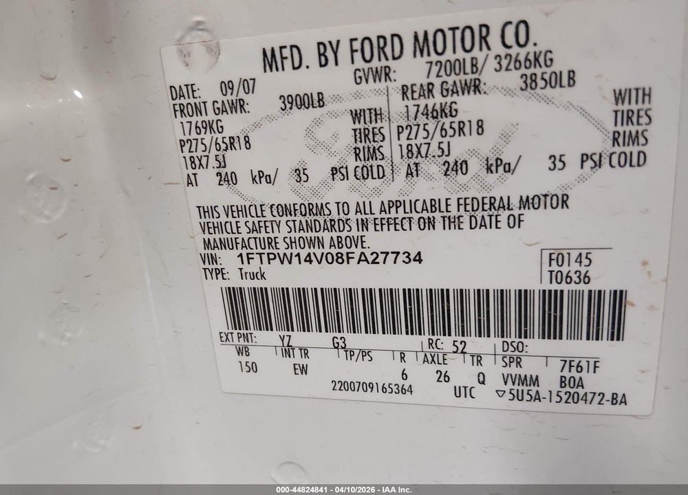 2008 FORD F-150 60TH ANNIVERSARY/FX4/KING RANCH/LARIAT/XLT VIN: 1FTPW14V08FA27734