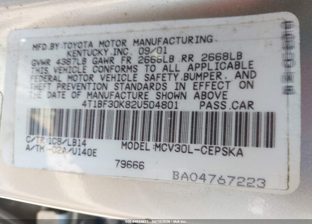 2002 TOYOTA CAMRY SE V6 VIN: 4T1BF30K82U504801