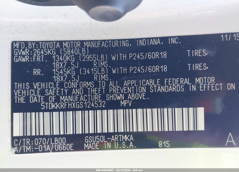 2016 TOYOTA HIGHLANDER XLE V6 VIN: 5TDKKRFHXGS124532