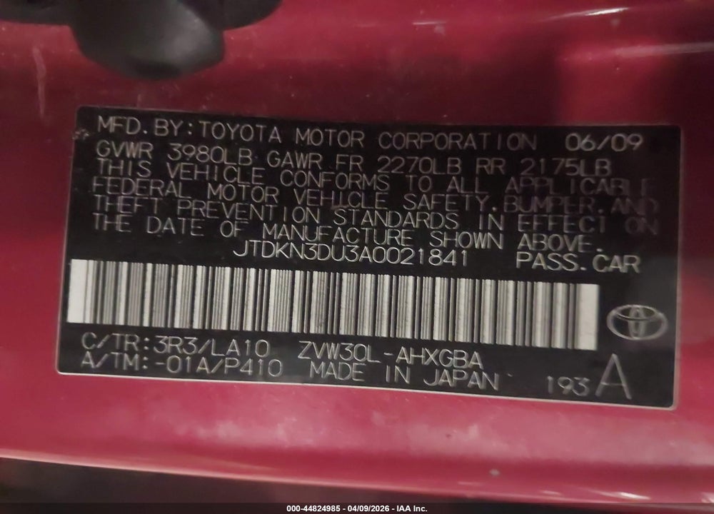 2010 TOYOTA PRIUS VIN: JTDKN3DU3A0021841