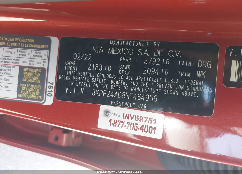 2022 KIA FORTE LXS VIN: 3KPF24AD8NE464956