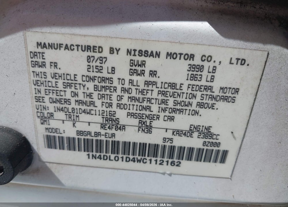 1998 NISSAN ALTIMA GLE/GXE/SE/XE VIN: 1N4DL01D4WC112162