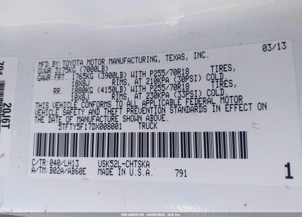 2013 TOYOTA TUNDRA GRADE 5.7L V8 VIN: 5TFTY5F17DX008001