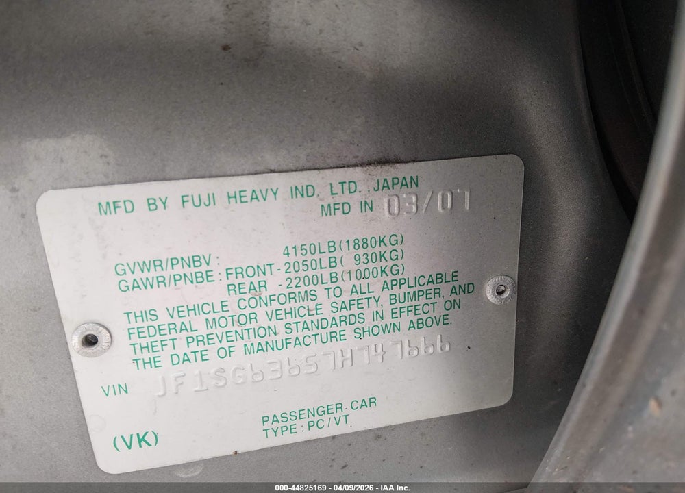 2007 SUBARU FORESTER 2.5X VIN: JF1SG63657H747666