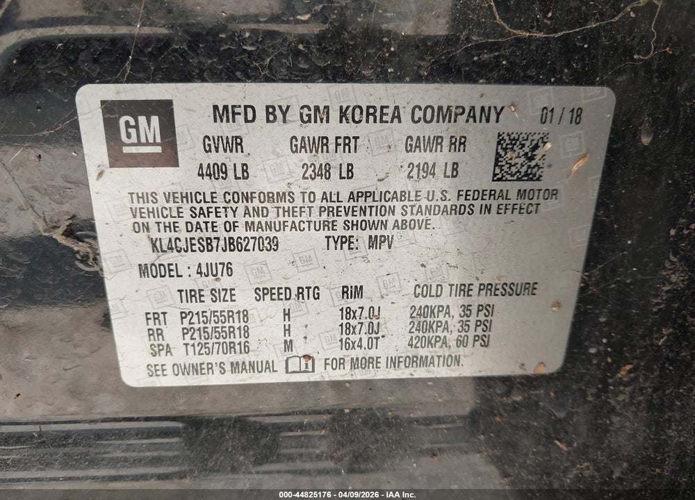 2018 BUICK ENCORE PREFERRED VIN: KL4CJESB7JB627039