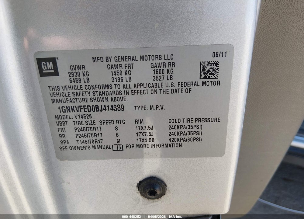 2011 CHEVROLET TRAVERSE LS VIN: 1GNKVFED0BJ414389