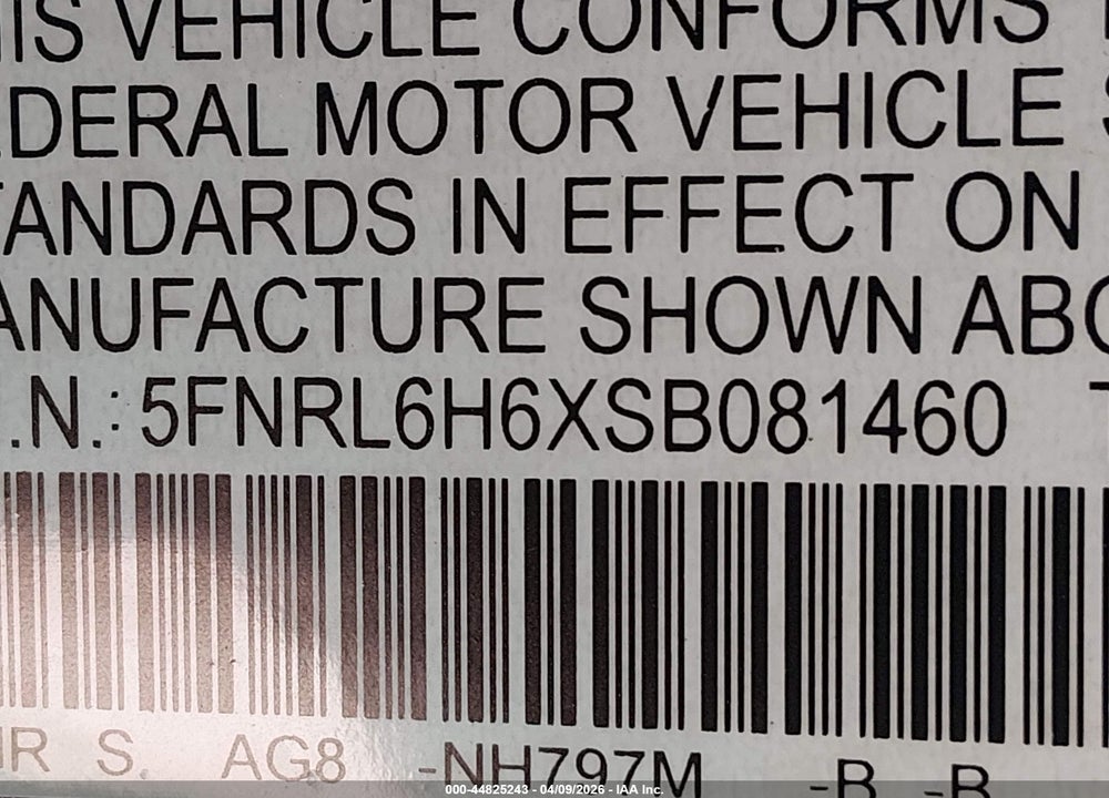 2025 HONDA ODYSSEY EX-L VIN: 5FNRL6H6XSB081460