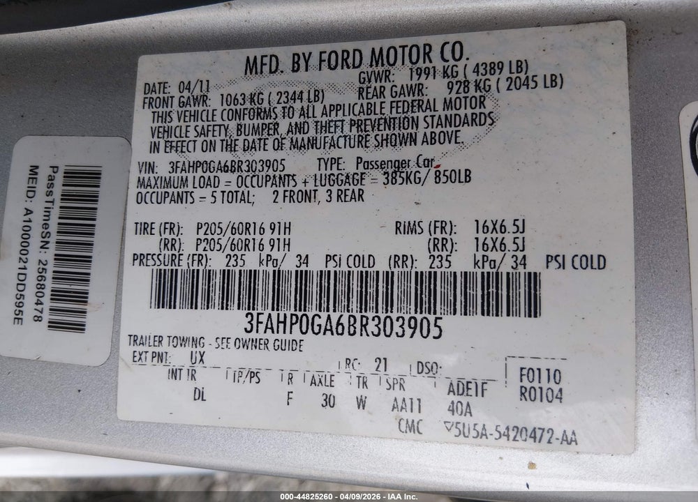 2011 FORD FUSION S VIN: 3FAHP0GA6BR303905