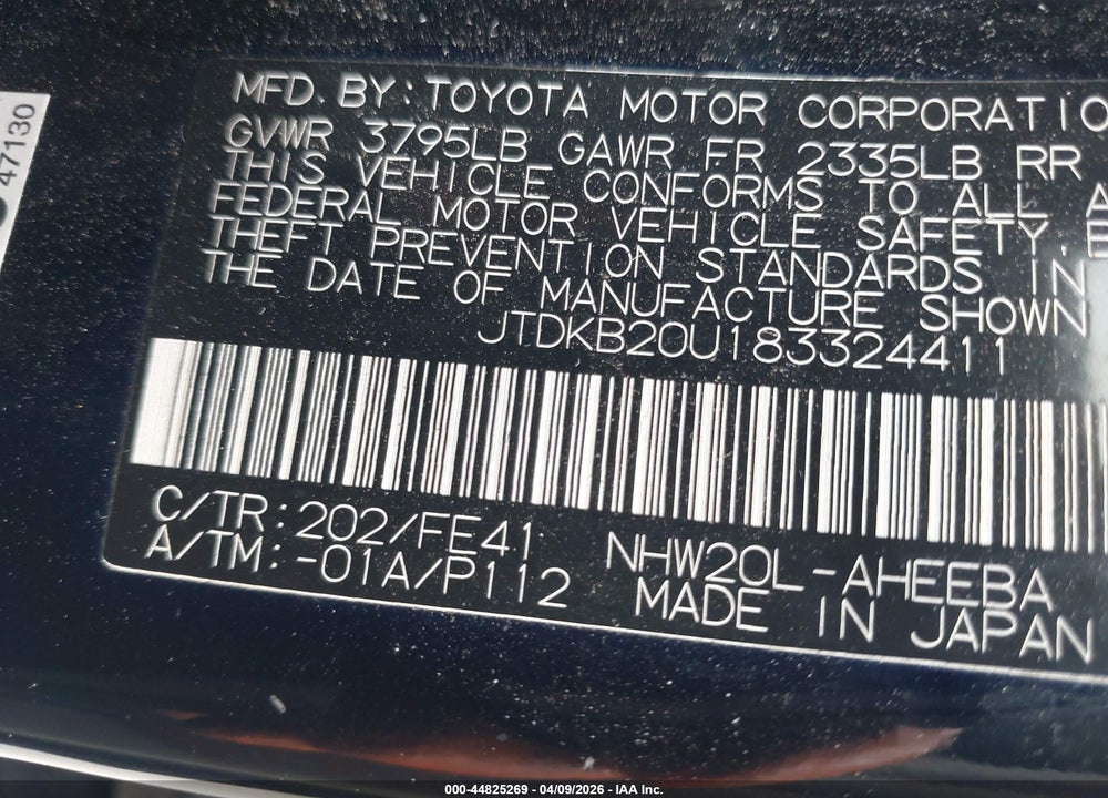 2008 TOYOTA PRIUS VIN: JTDKB20U183324411