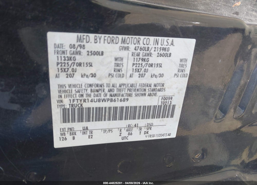 1998 FORD RANGER SPLASH/XL/XLT VIN: 1FTYR14U8WPB61689