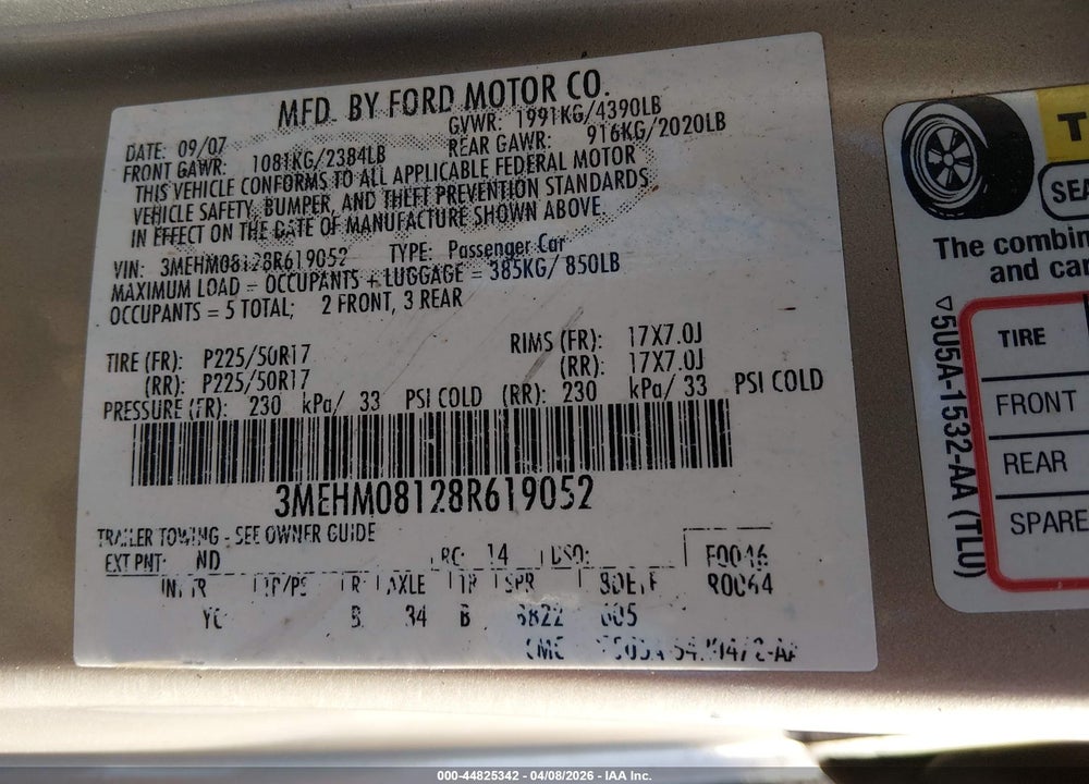 2008 MERCURY MILAN V6 PREMIER VIN: 3MEHM08128R619052