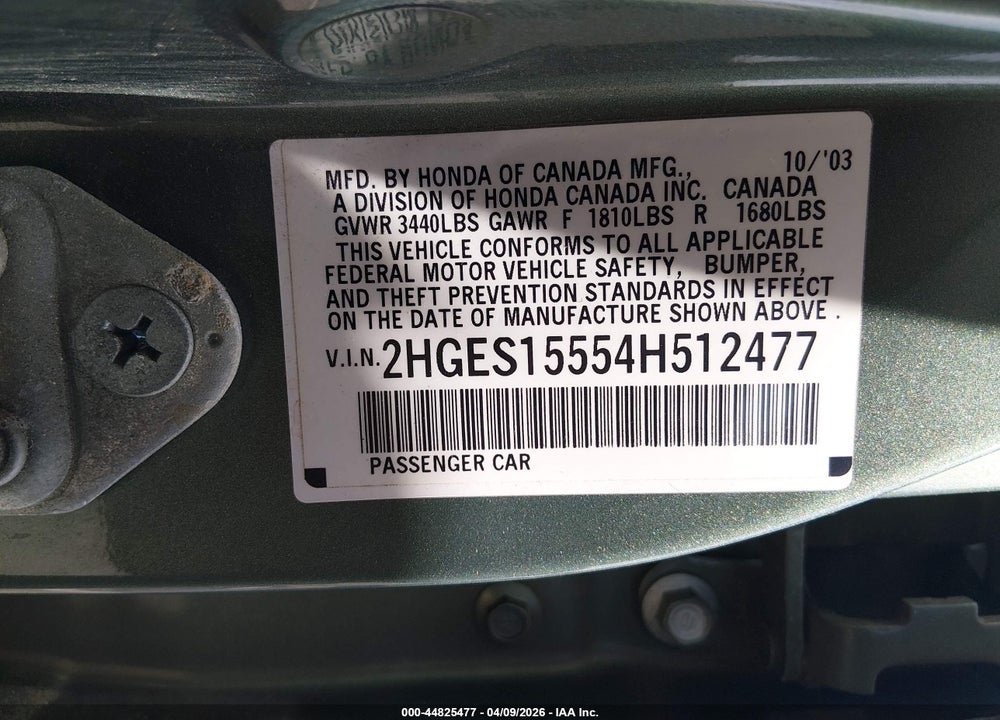 2004 HONDA CIVIC LX VIN: 2HGES15554H512477