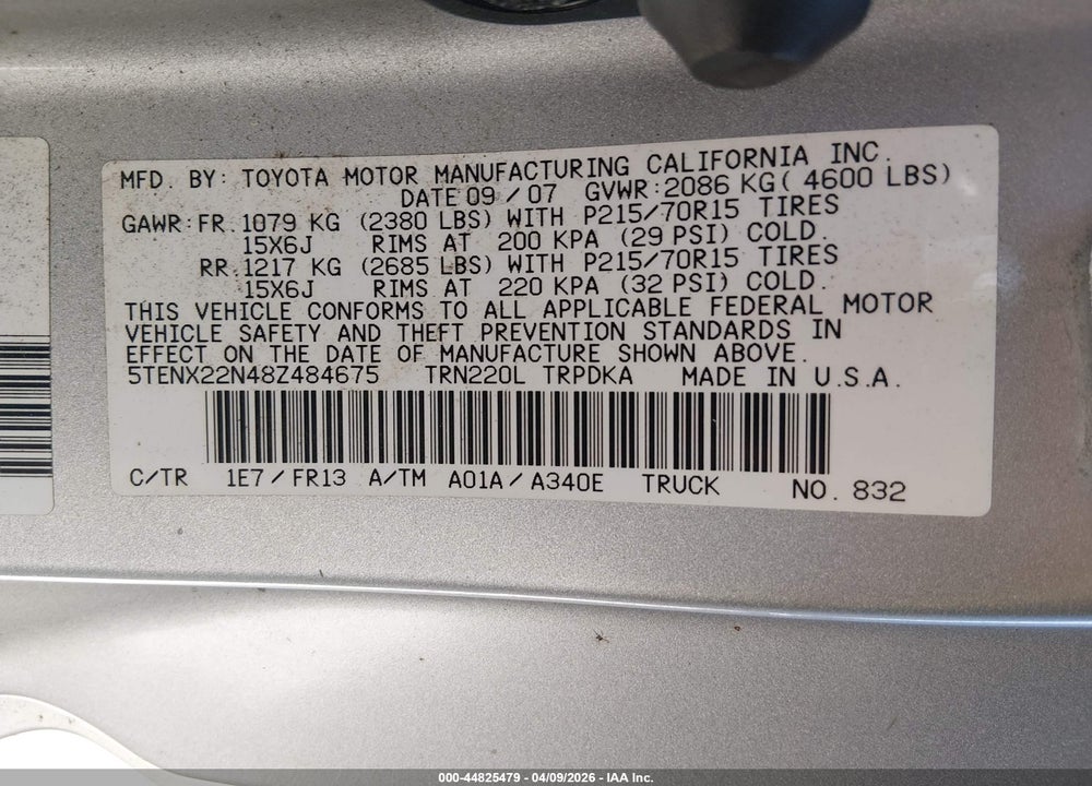 2008 TOYOTA TACOMA VIN: 5TENX22N48Z484675