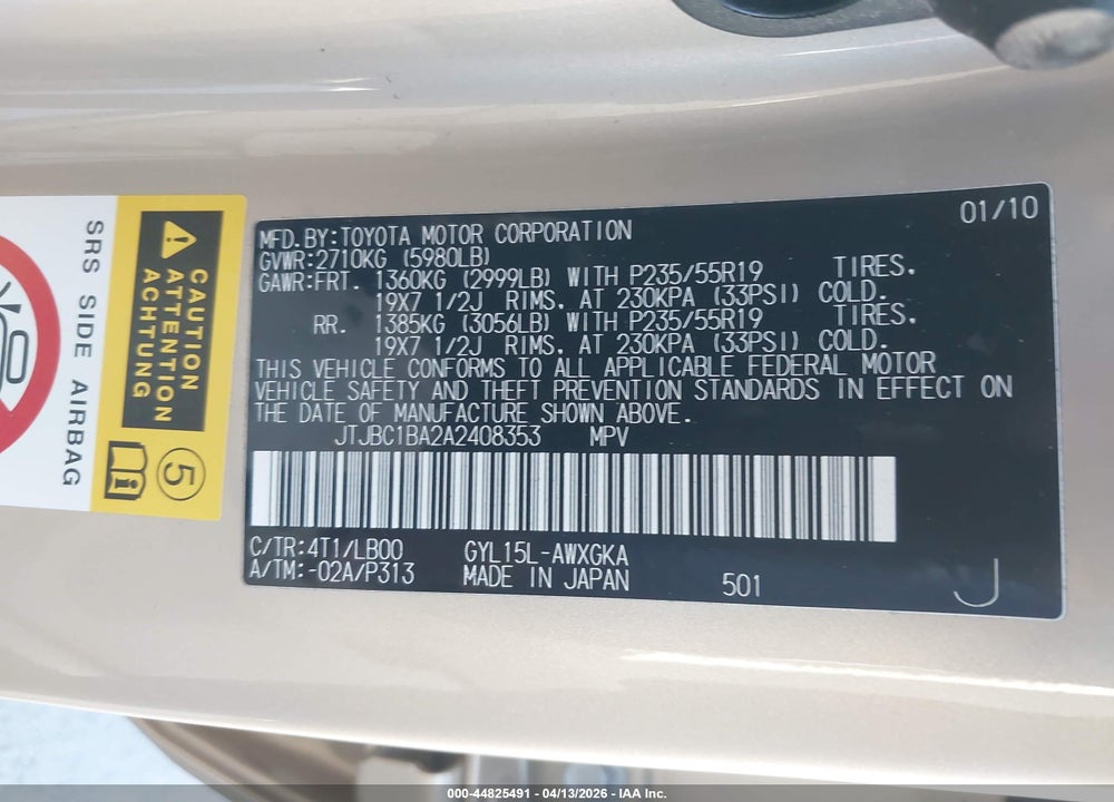 2010 LEXUS RX 450H VIN: JTJBC1BA2A2408353