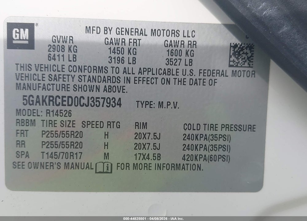 2012 BUICK ENCLAVE LEATHER VIN: 5GAKRCED0CJ357934
