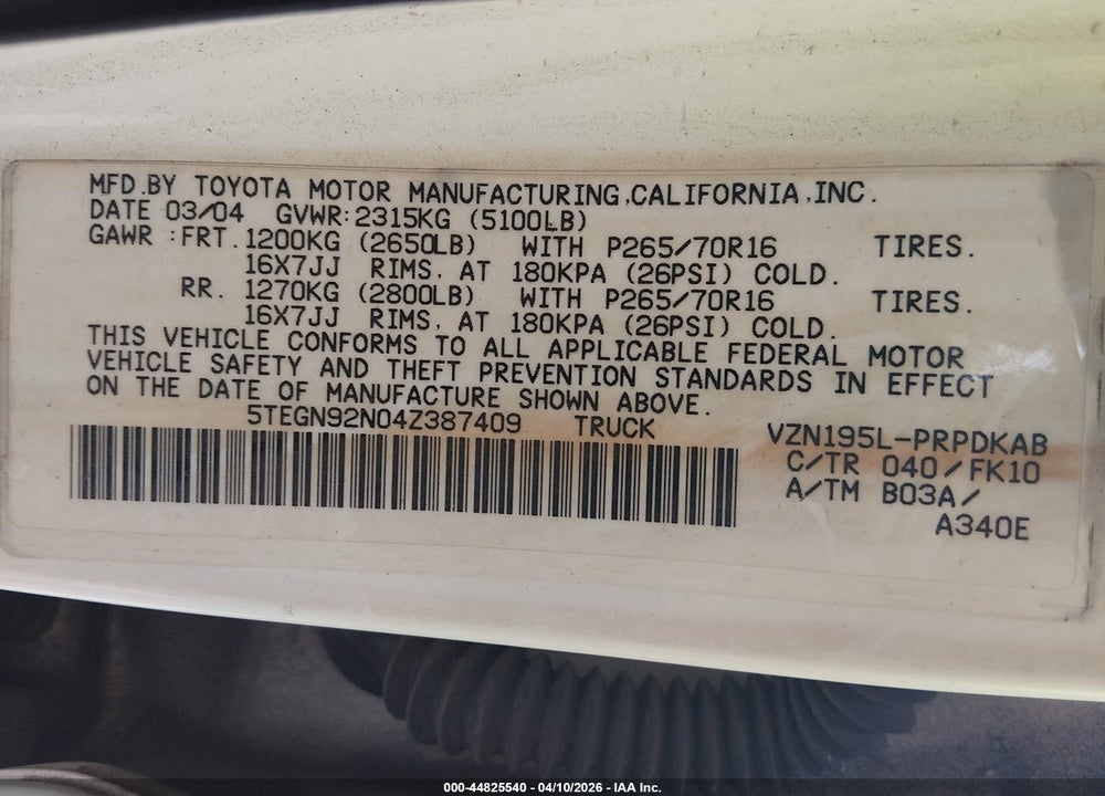 2004 TOYOTA TACOMA PRERUNNER V6 VIN: 5TEGN92N04Z387409