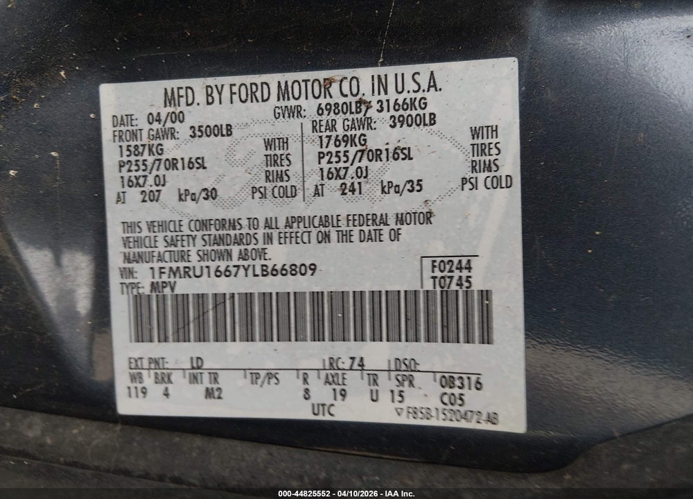 2000 FORD EXPEDITION XLT VIN: 1FMRU1667YLB66809
