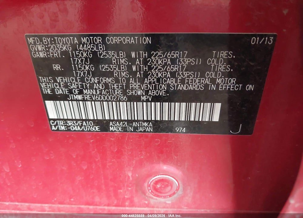 2013 TOYOTA RAV4 XLE VIN: JTMWFREV6DD002786