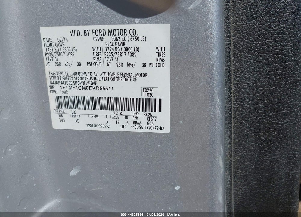 2014 FORD F-150 XL VIN: 1FTMF1CM0EKD55511
