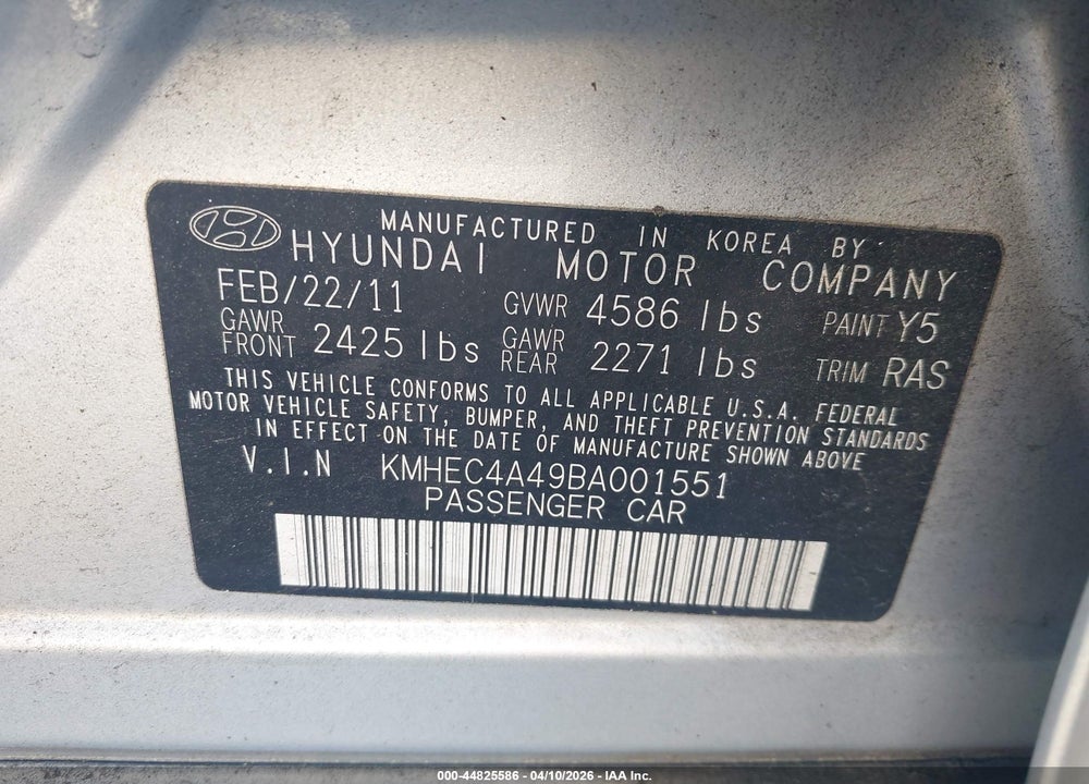 2011 HYUNDAI SONATA HYBRID VIN: KMHEC4A49BA001551