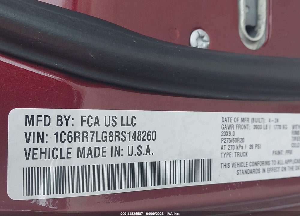 2024 RAM 1500 CLASSIC WARLOCK  4X4 5'7 BOX VIN: 1C6RR7LG8RS148260