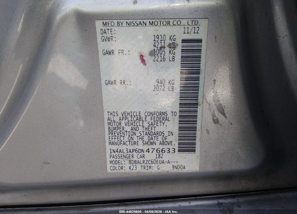 2013 NISSAN ALTIMA 2.5 S VIN: 1N4AL3AP6DN476633