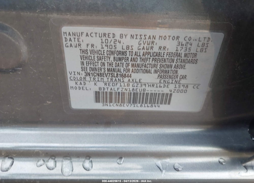 2025 NISSAN VERSA 1.6 SV VIN: 3N1CN8EV7SL816844