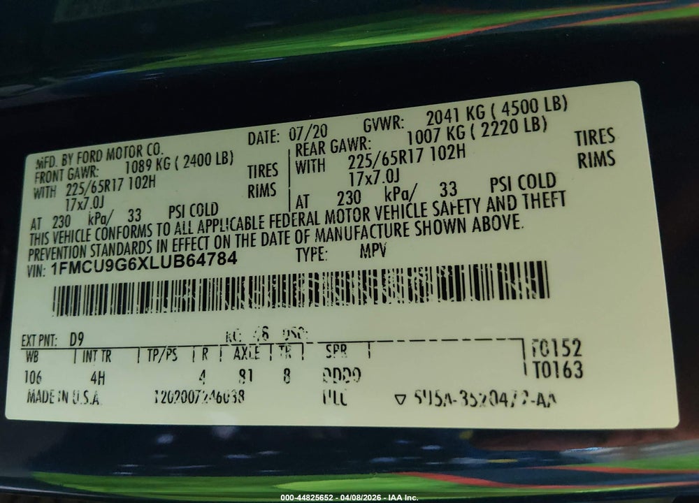 2020 FORD ESCAPE SE VIN: 1FMCU9G6XLUB64784