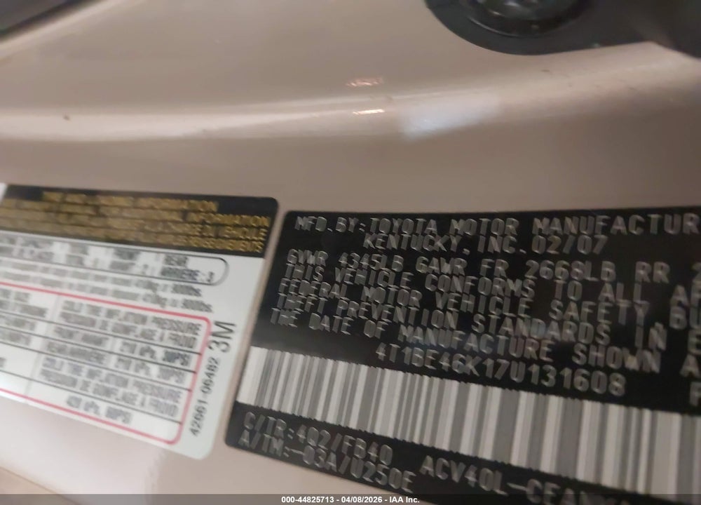 2007 TOYOTA CAMRY LE VIN: 4T1BE46K17U131608