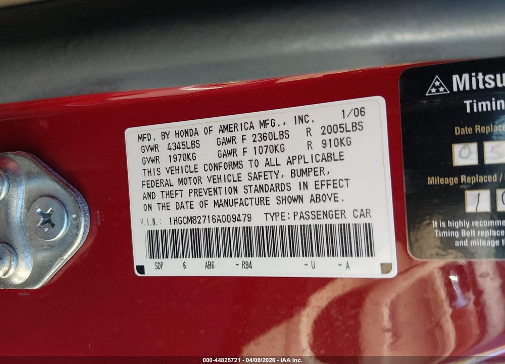 2006 HONDA ACCORD 3.0 EX VIN: 1HGCM82716A009479