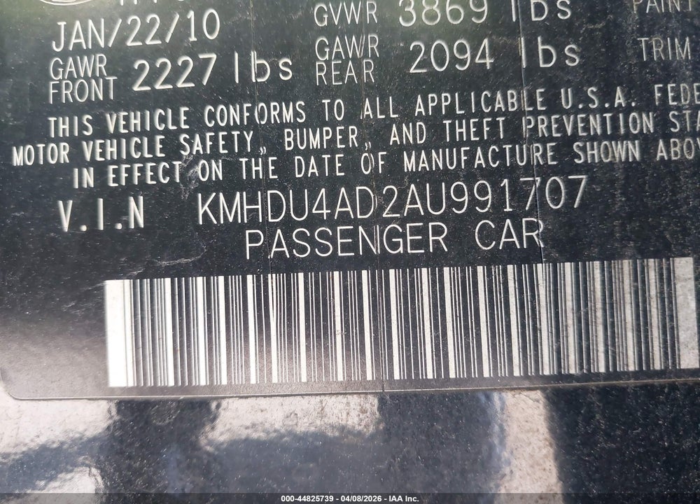 2010 HYUNDAI ELANTRA SE VIN: KMHDU4AD2AU991707