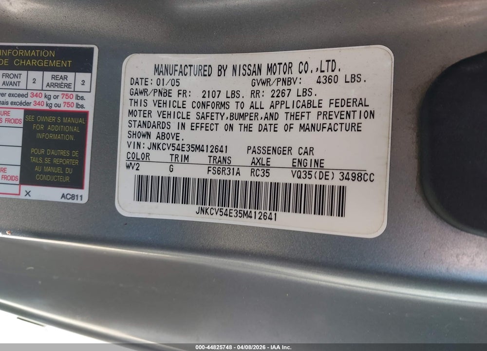 2005 INFINITI G35 VIN: JNKCV54E35M412641