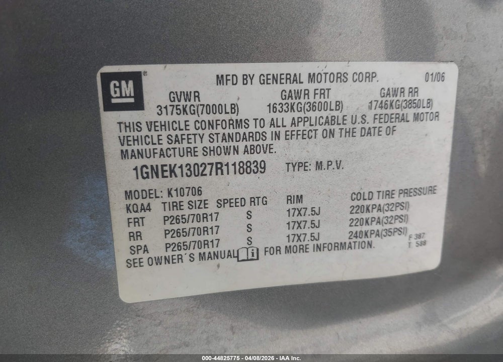 2007 CHEVROLET TAHOE LT VIN: 1GNEK13027R118839