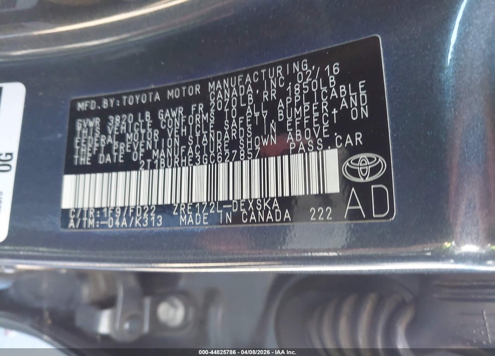 2016 TOYOTA COROLLA S VIN: 2T1BURHE3GC627857