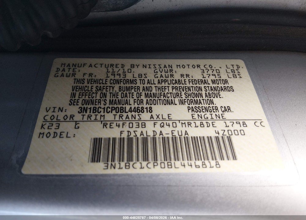 2011 NISSAN VERSA 1.8S VIN: 3N1BC1CP0BL446818