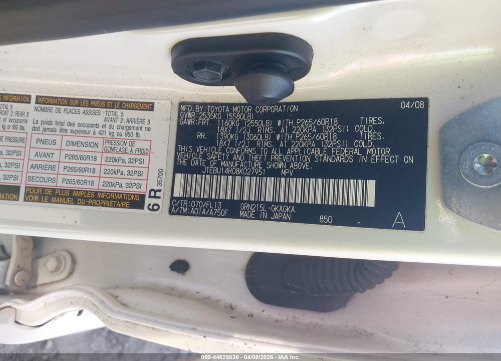 2008 TOYOTA 4RUNNER SPORT V6 VIN: JTEBU14R08K027951