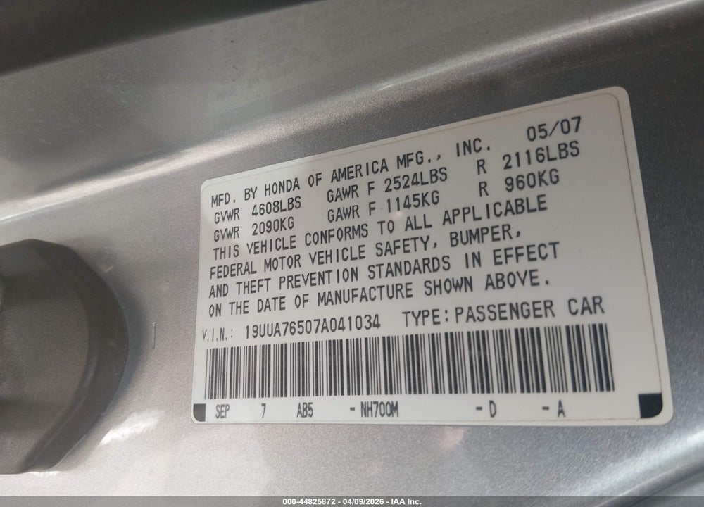 2007 ACURA TL TYPE S VIN: 19UUA76507A041034