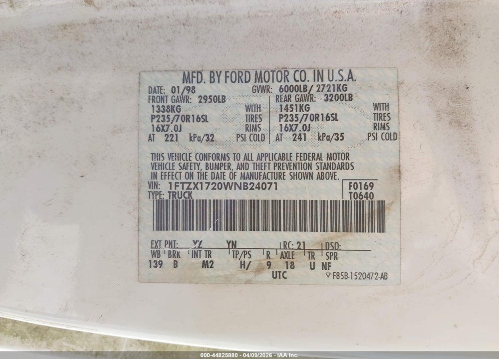 1998 FORD F-150 STANDARD/XL/XLT VIN: 1FTZX1720WNB24071