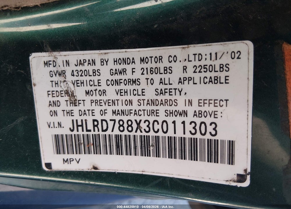 2003 HONDA CR-V EX VIN: JHLRD788X3C011303