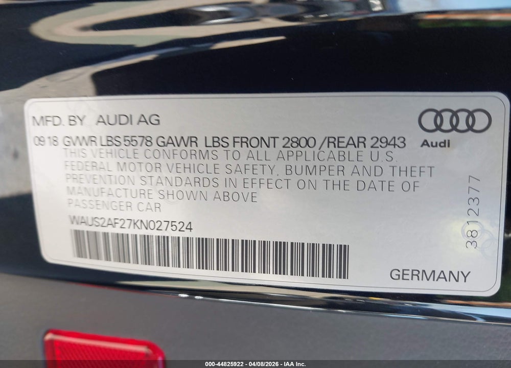 2019 AUDI A7 55 PREMIUM VIN: WAUS2AF27KN027524