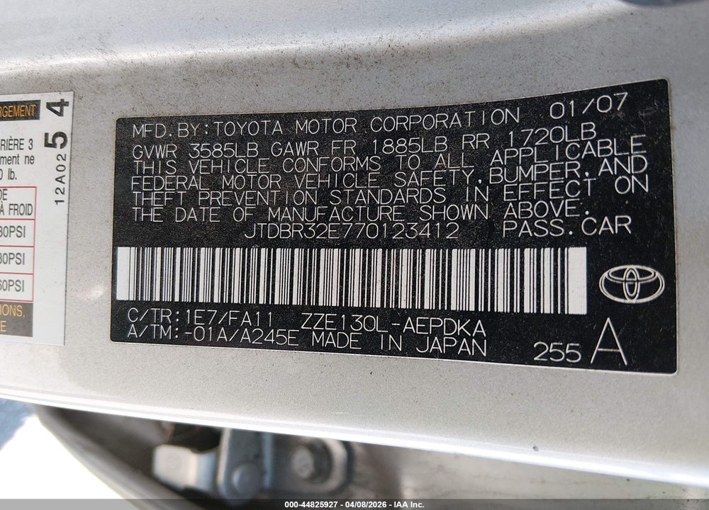 2007 TOYOTA COROLLA CE VIN: JTDBR32E770123412